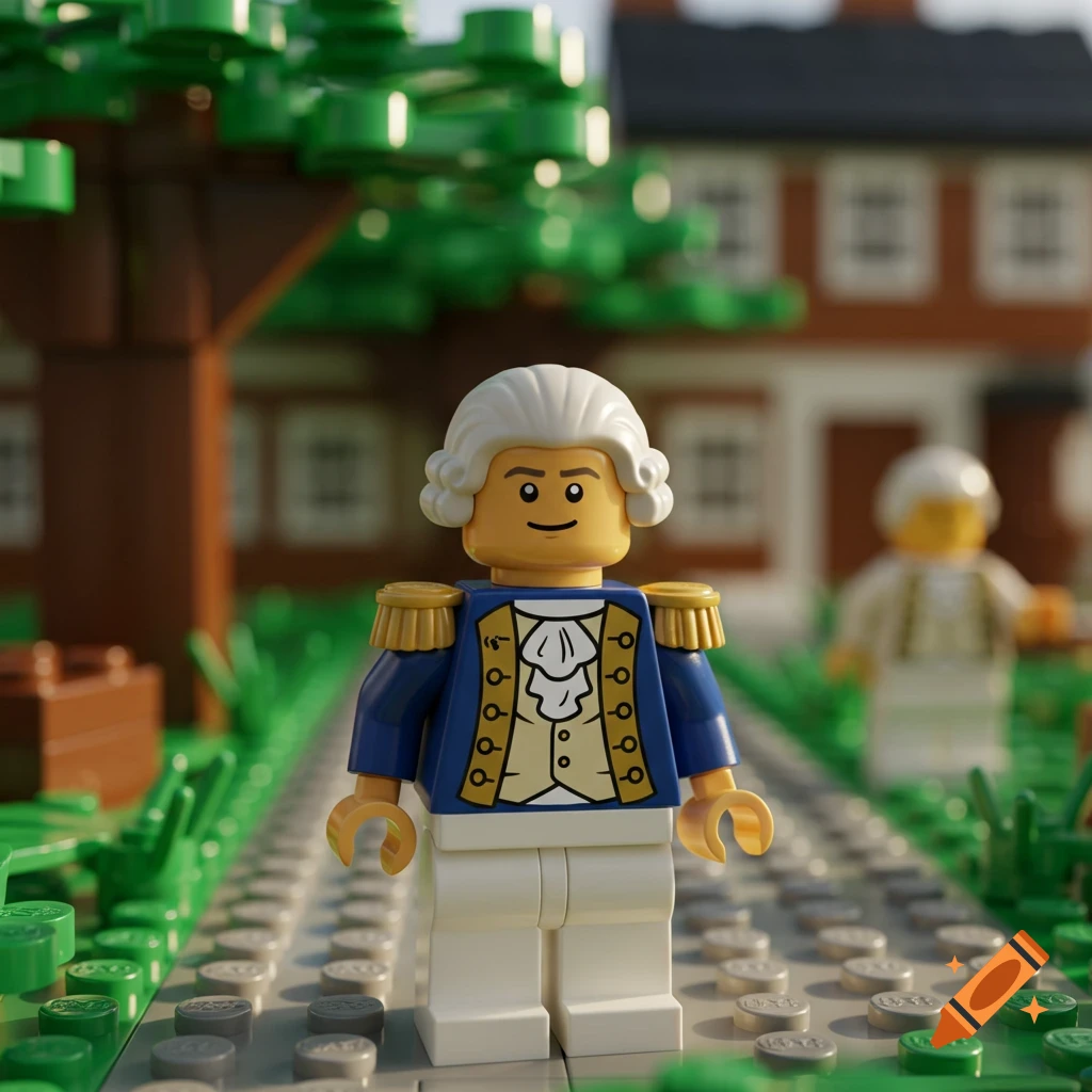 Lego minifigure of George Washington in a blue uniform on a path with a house in the background.