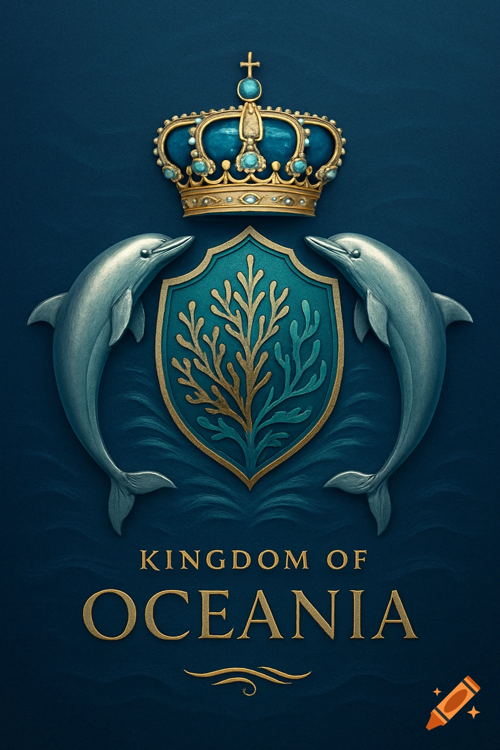 Royal insignia with gold crown, silver dolphins, teal shield with coral, and 'Kingdom of Oceania' text on a dark blue background.