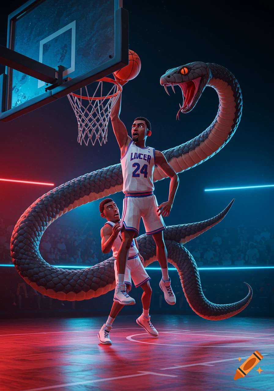 A 3D polygon cartoon basketball player wearing number 24 dunks as a giant mamba snake attacks on a court.