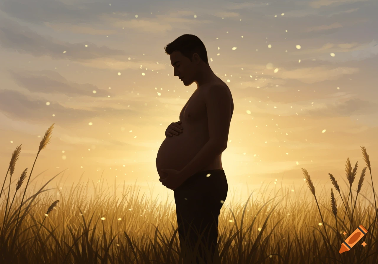 Silhouette of a pregnant man cradling his belly in a field at sunset.