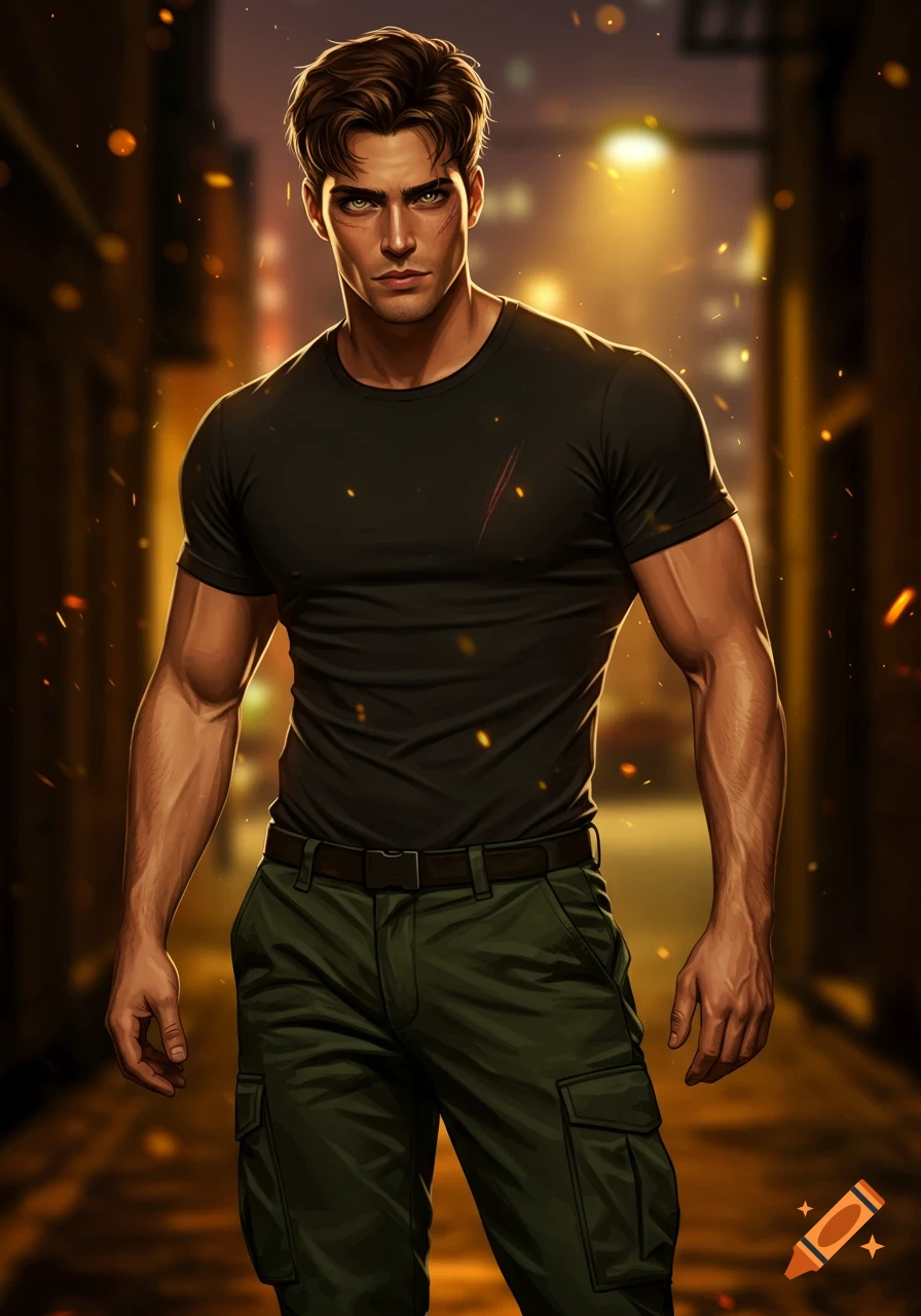 A handsome, muscular man with short brown hair, green eyes, and a cheek scar stands in a dark alley, wearing a black t-shirt and green cargo pants.