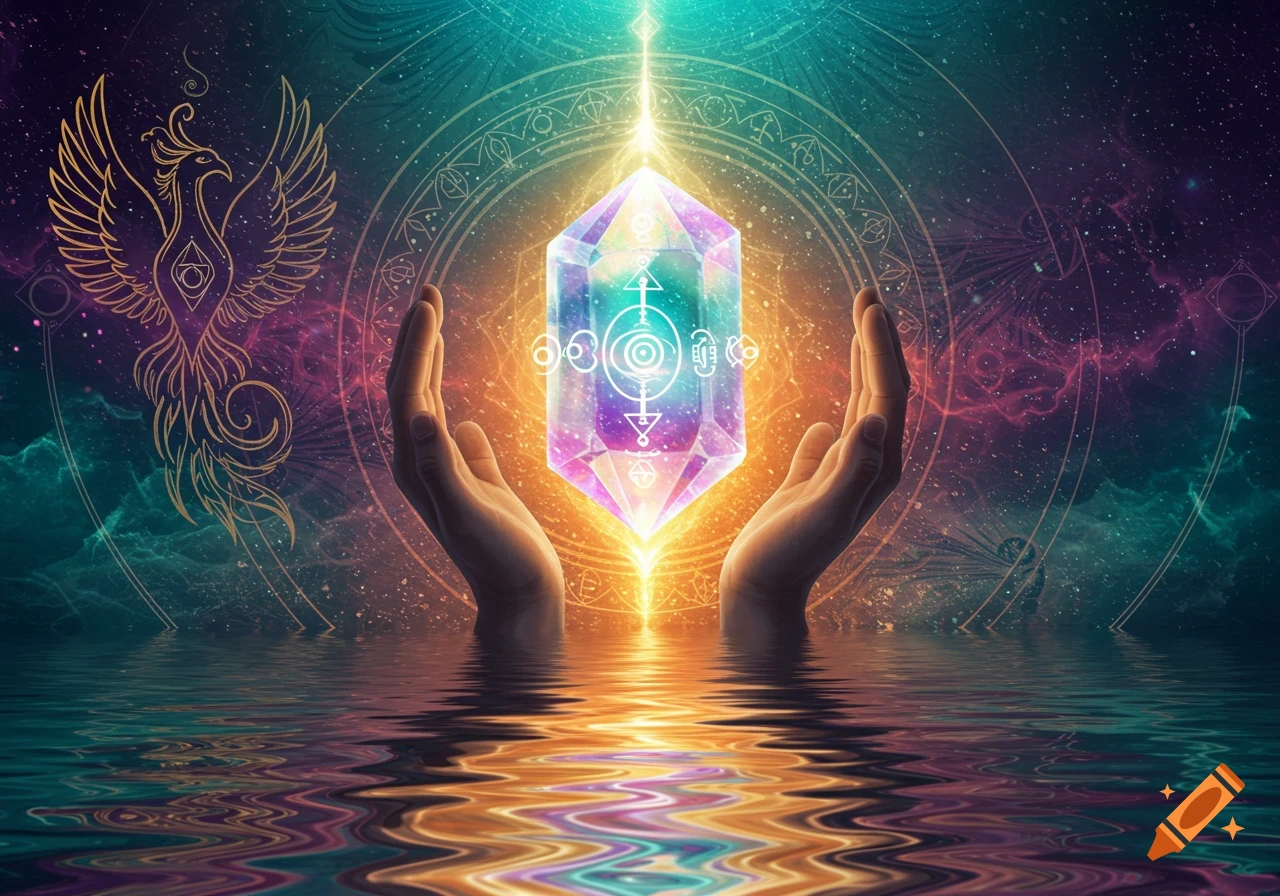 Two hands hold a glowing, multi-colored crystal above shimmering water, with a golden phoenix and sacred geometry in a cosmic background.