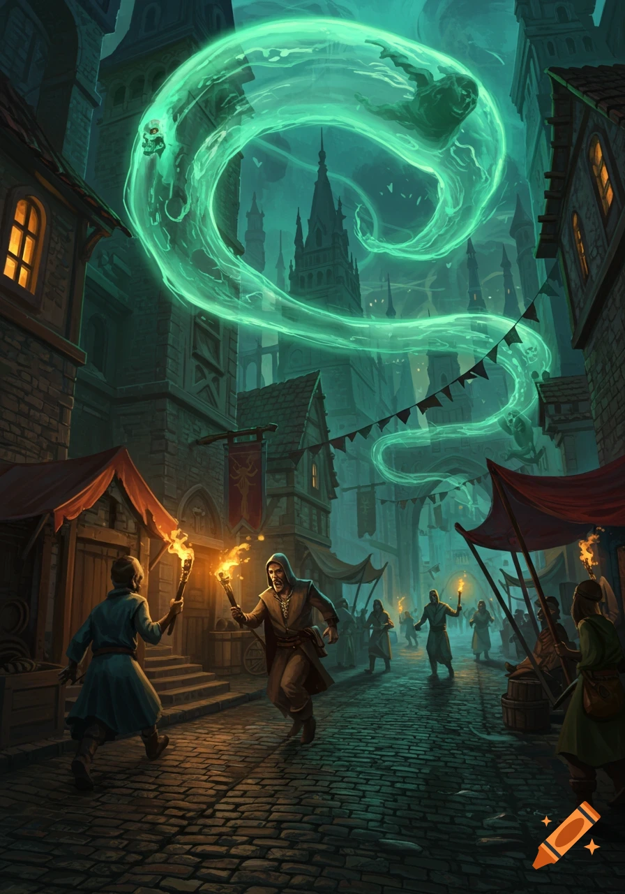 People with torches flee through the dark, cobbled streets of a fantasy medieval city under an eerie green magical mist with faint ghostly faces.
