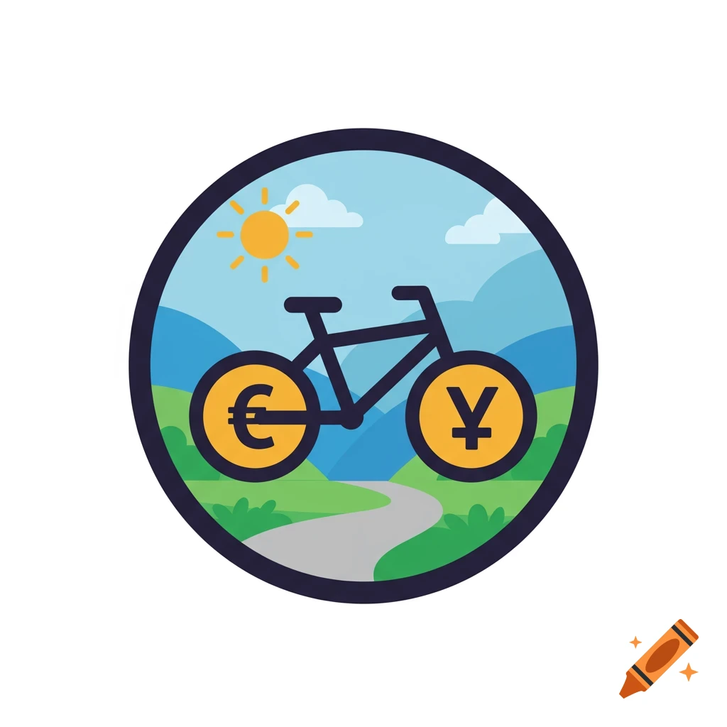 A circular icon of a bicycle with Euro and Yen symbols as wheels, on a path in a green landscape under a sunny sky.