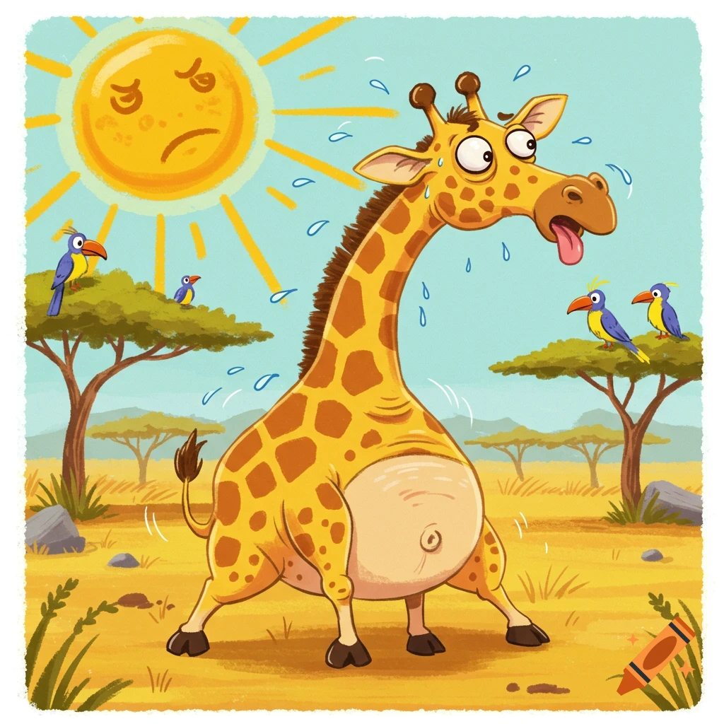 A cartoon illustration of a chubby, sweating giraffe under a grumpy sun in a savanna, with small birds on trees.