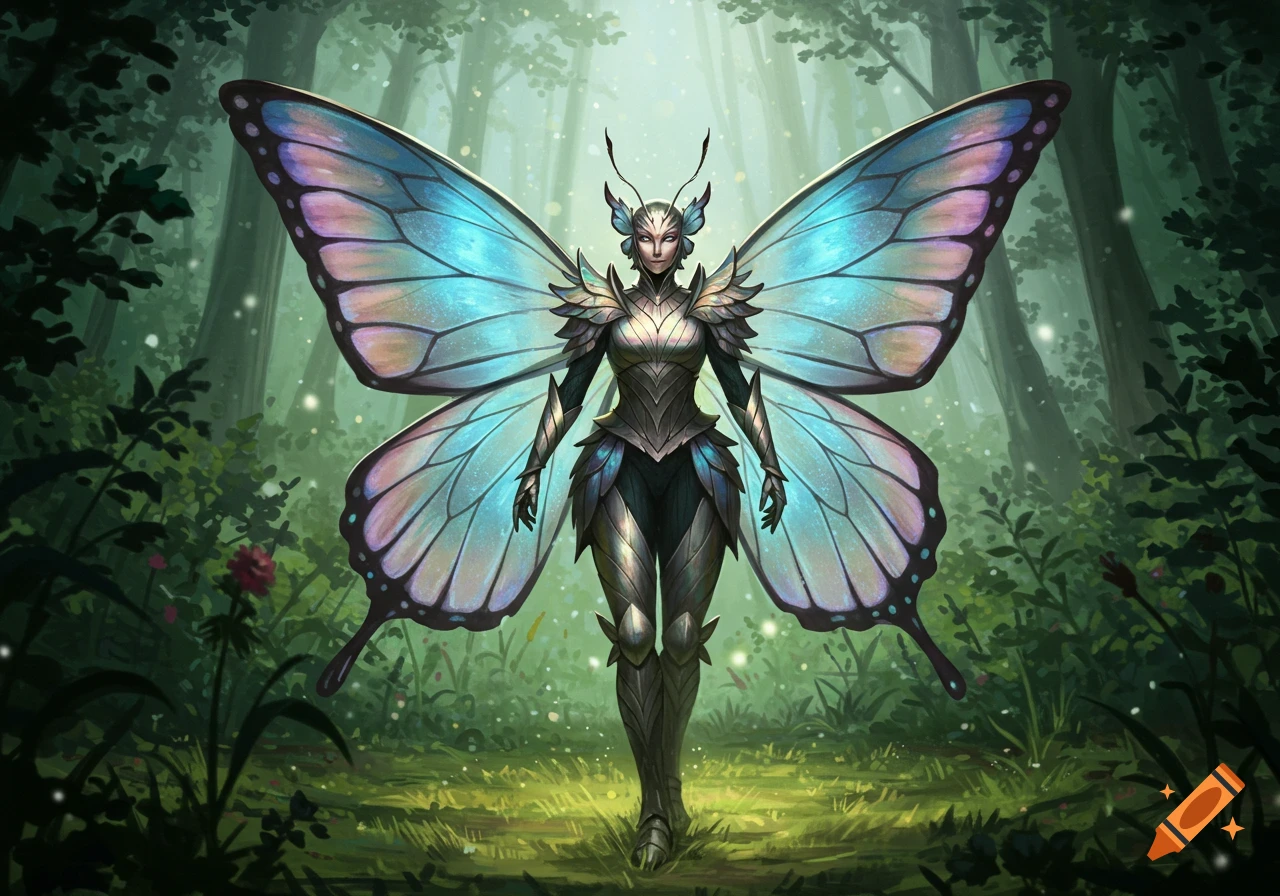 A majestic butterfly warrior in intricate armor with large iridescent wings stands in an ethereal forest, digital painting.
