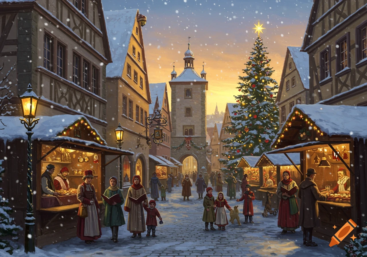 A charming snowy Christmas market in a European town, with half-timbered buildings, decorated stalls, people, and a lit Christmas tree.