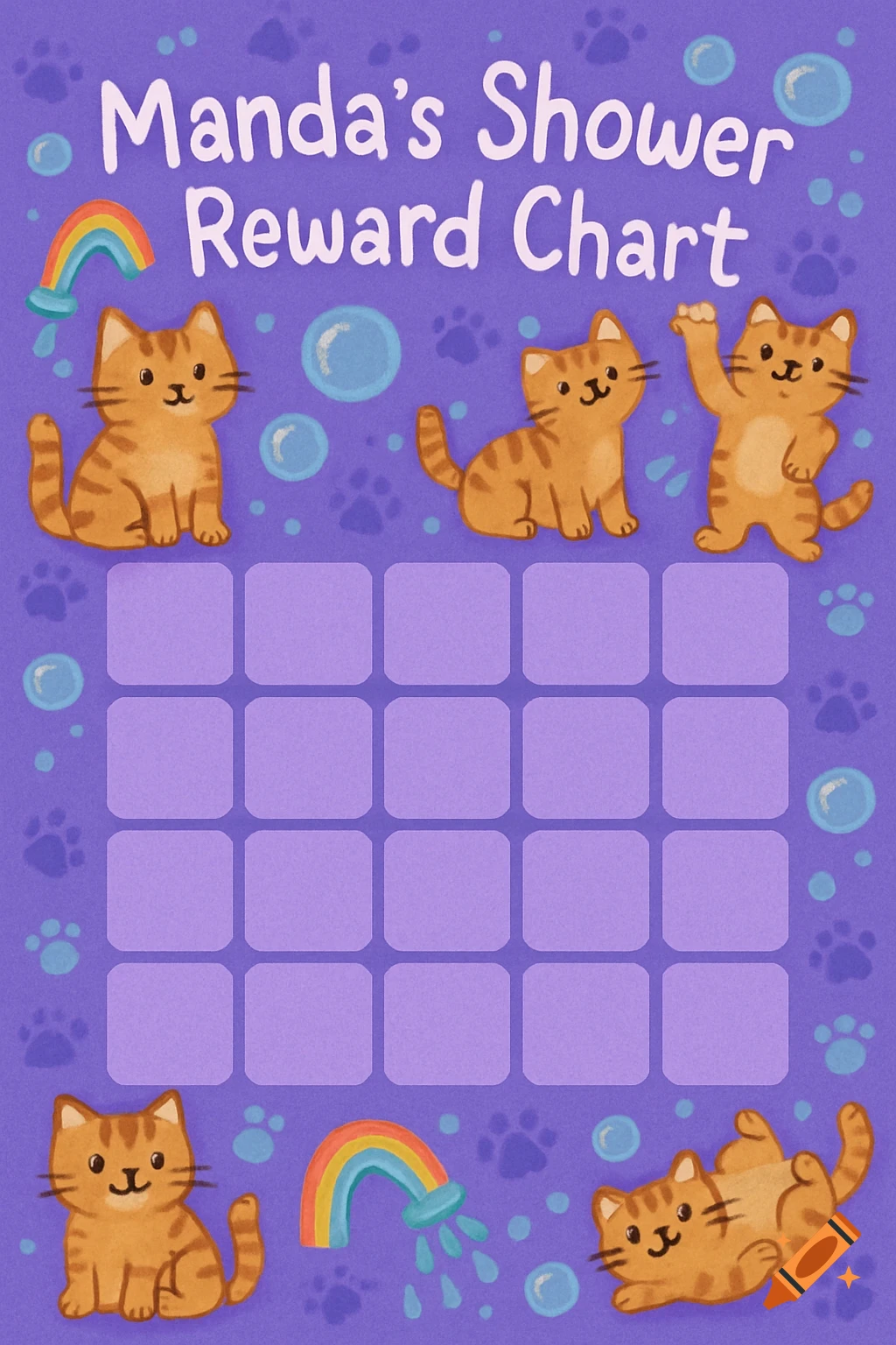 A vibrant purple reward chart featuring several cute orange tabby cats, bubbles, and rainbows, titled 'Manda's Shower Reward Chart'.