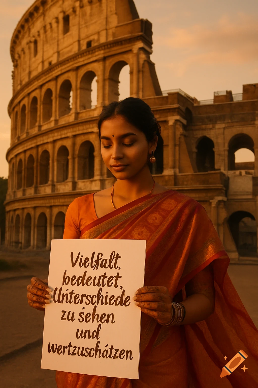 An Indian woman in a sari holds a sign with German text in front of the Colosseum at sunset.