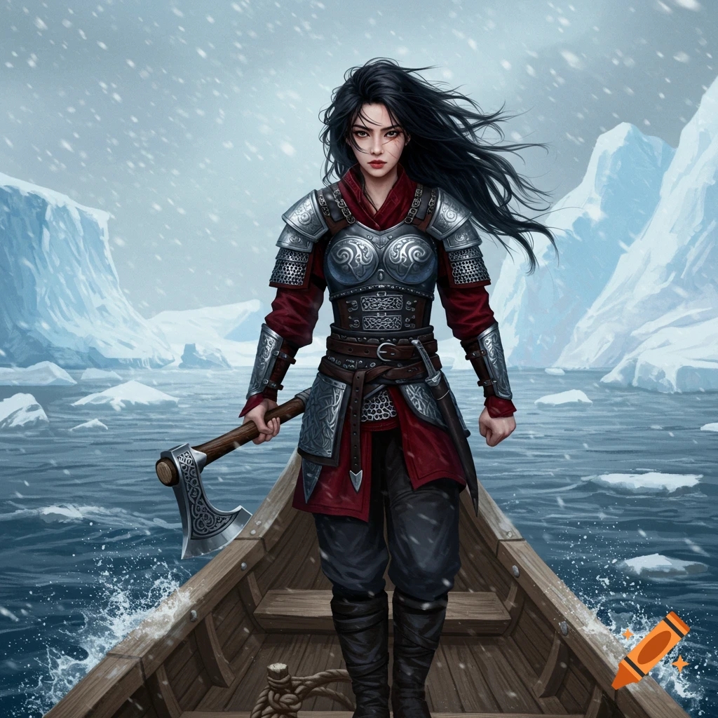 A female warrior in ornate armor stands in a wooden boat, holding an axe, amidst a snowy, icy sea with icebergs. Digital art.