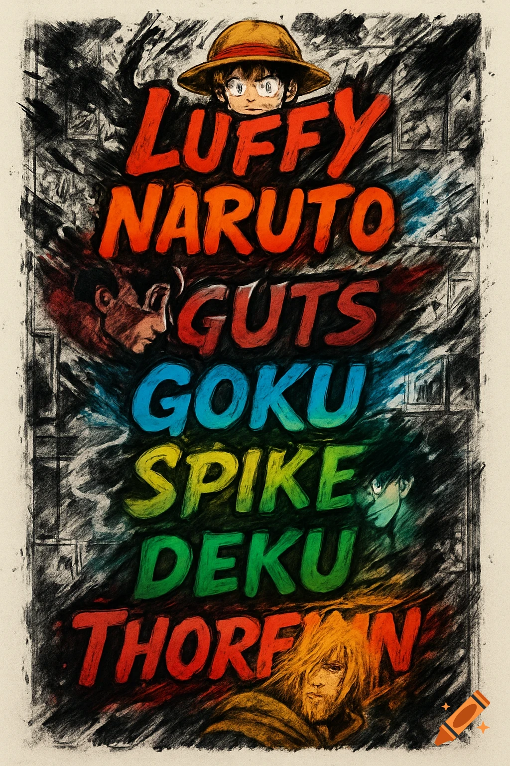 A dark, stylized poster listing prominent anime characters' names in colorful, bold text with their portraits.