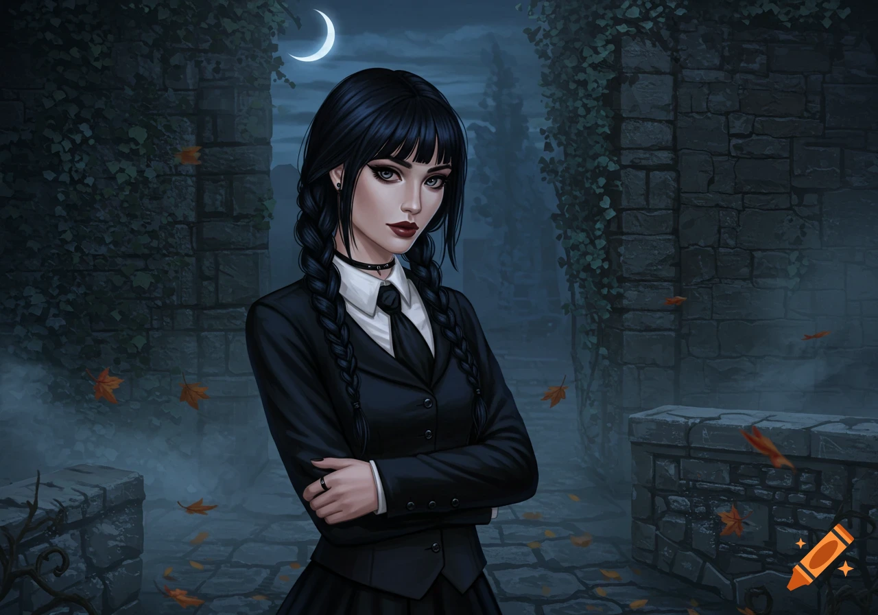 A pale-skinned woman with black braided pigtails, dark makeup, and a black suit stands in a gloomy stone archway under a crescent moon.