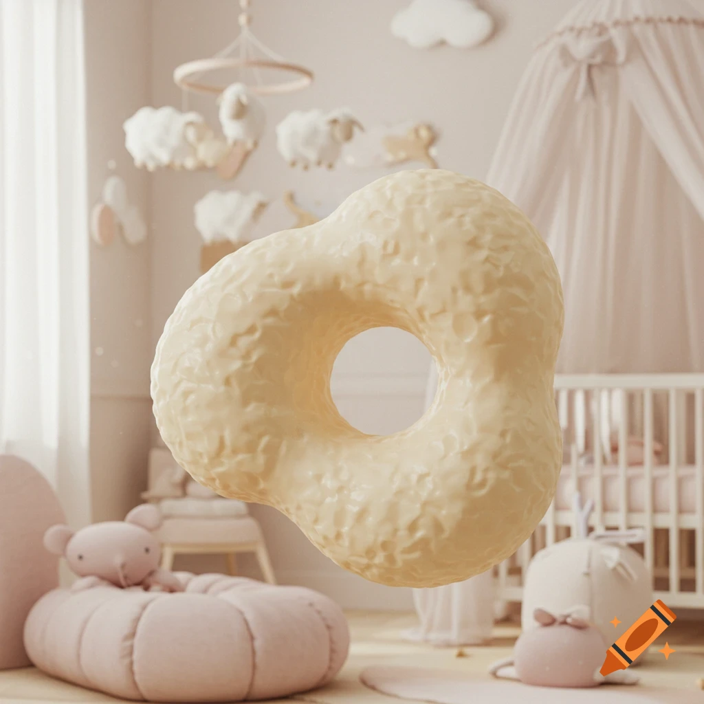 Cream-colored, textured, donut-shaped baby teether floating in a softly lit pink nursery with a crib and mobile.