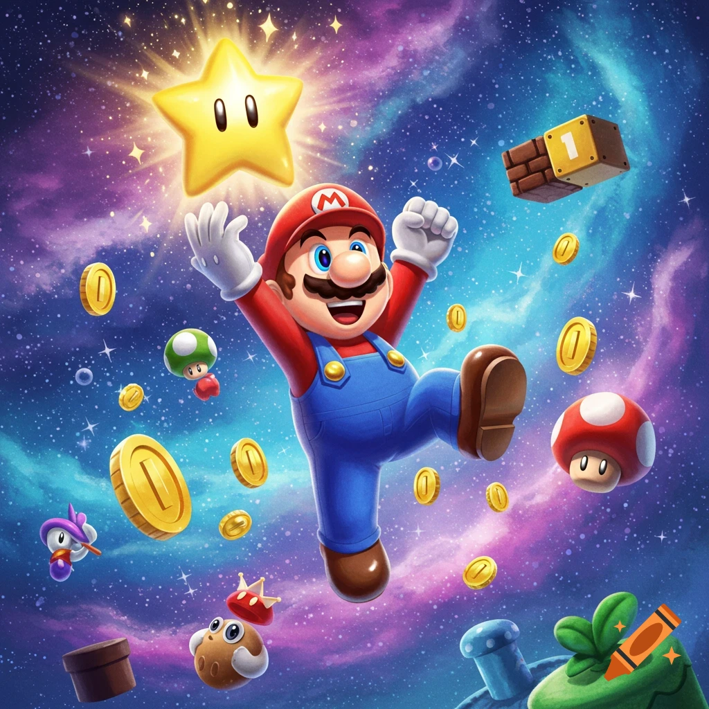 Mario leaps joyfully in a vibrant starry galaxy surrounded by golden coins, a shining star, and other power-ups and enemies from his game.