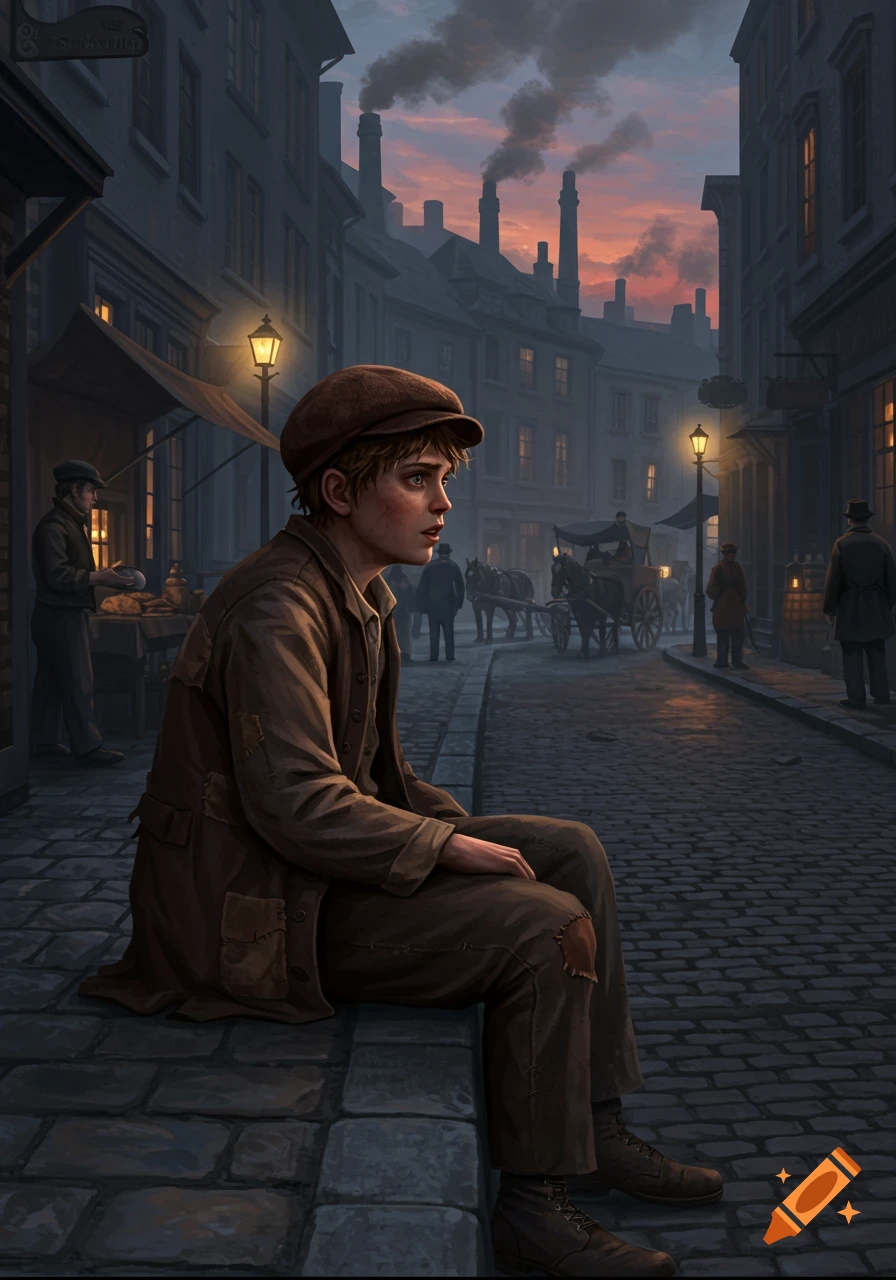 An illustration of a young boy in ragged clothes and a cap sitting on a curb in a dimly lit 19th-century street scene at dusk, with buildings and smoking chimneys in the background.