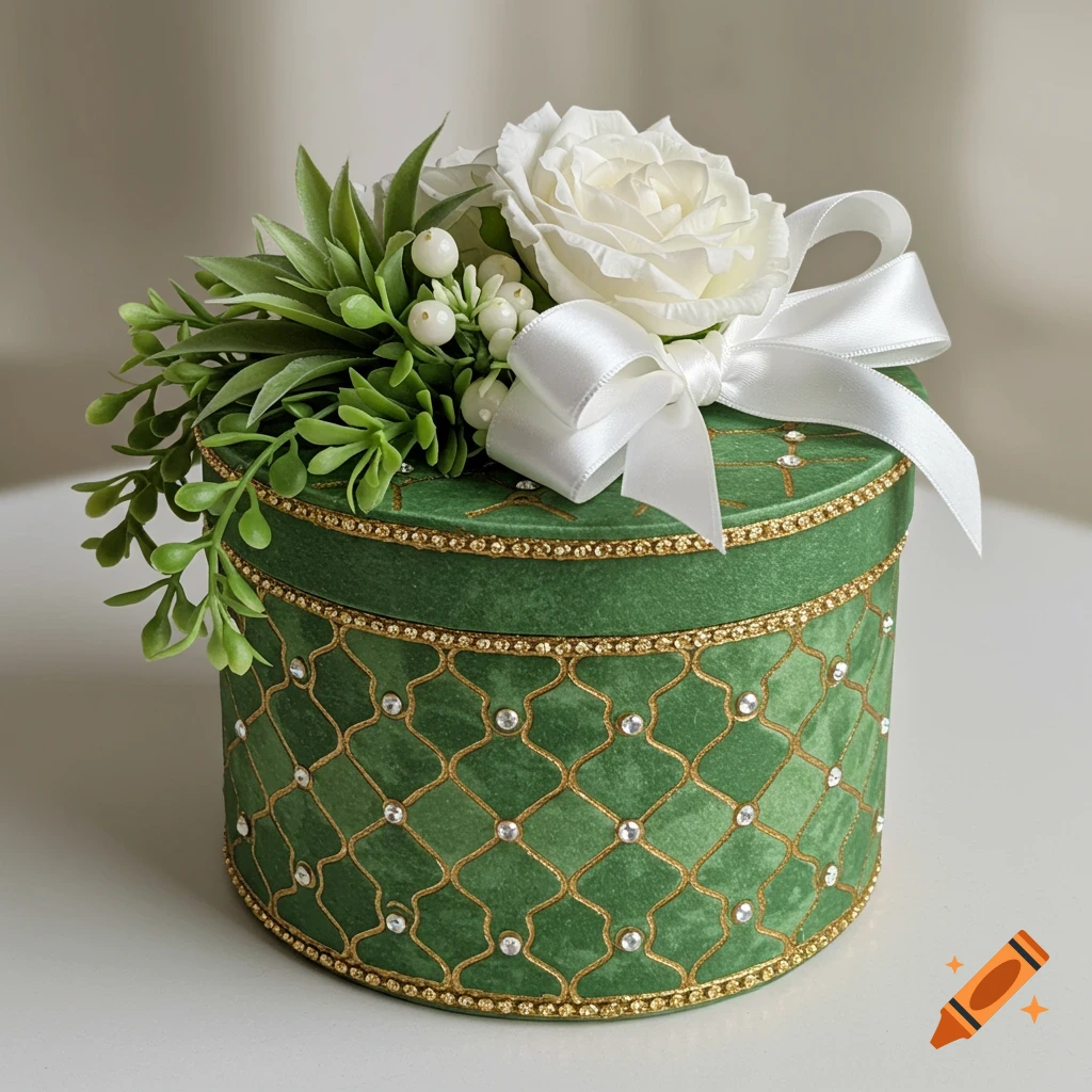 Green velvet decorative box with gold filigree, rhinestones, white rose, green foliage, and a white satin ribbon on top.