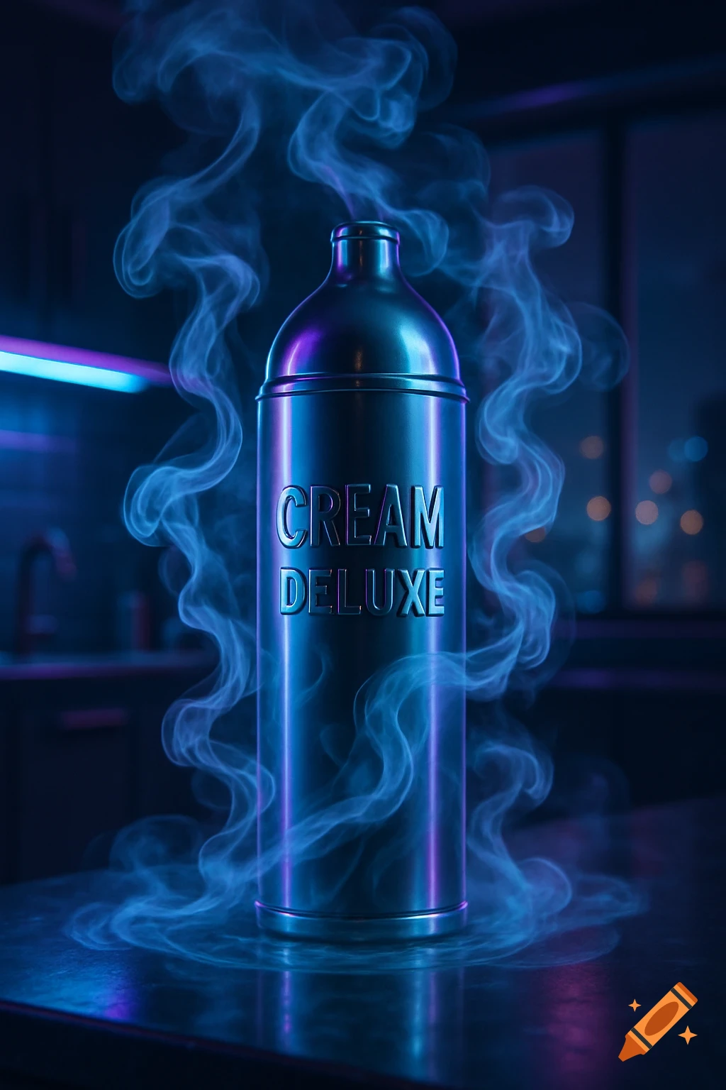 Metallic bottle labeled 'CREAM DELUXE' surrounded by blue smoke in a neon-lit, dark setting.