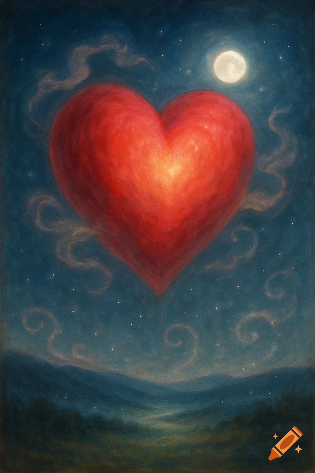 A large glowing red heart floats in a starry night sky above a moonlit landscape, in an illustrative style.