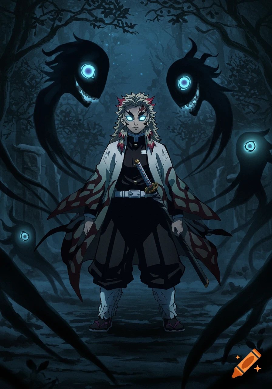 Anime-style character with white and red hair, katana, and a patterned haori, surrounded by glowing shadow creatures in a dark forest.
