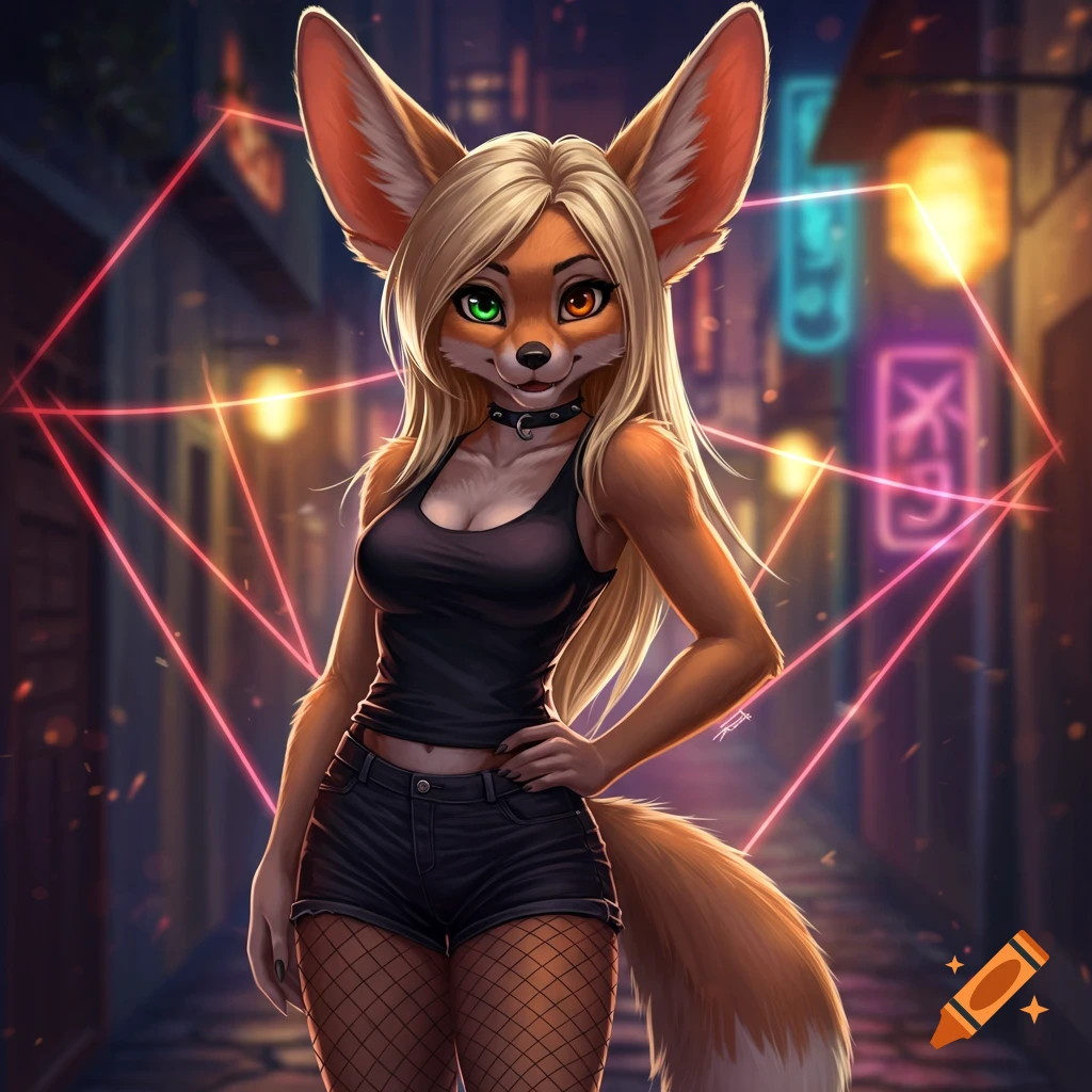 A stylized illustration of a female fennec fox furry with blonde hair, heterochromatic eyes, wearing a black tank top, shorts, and fishnets, standing in a neon-lit alley.