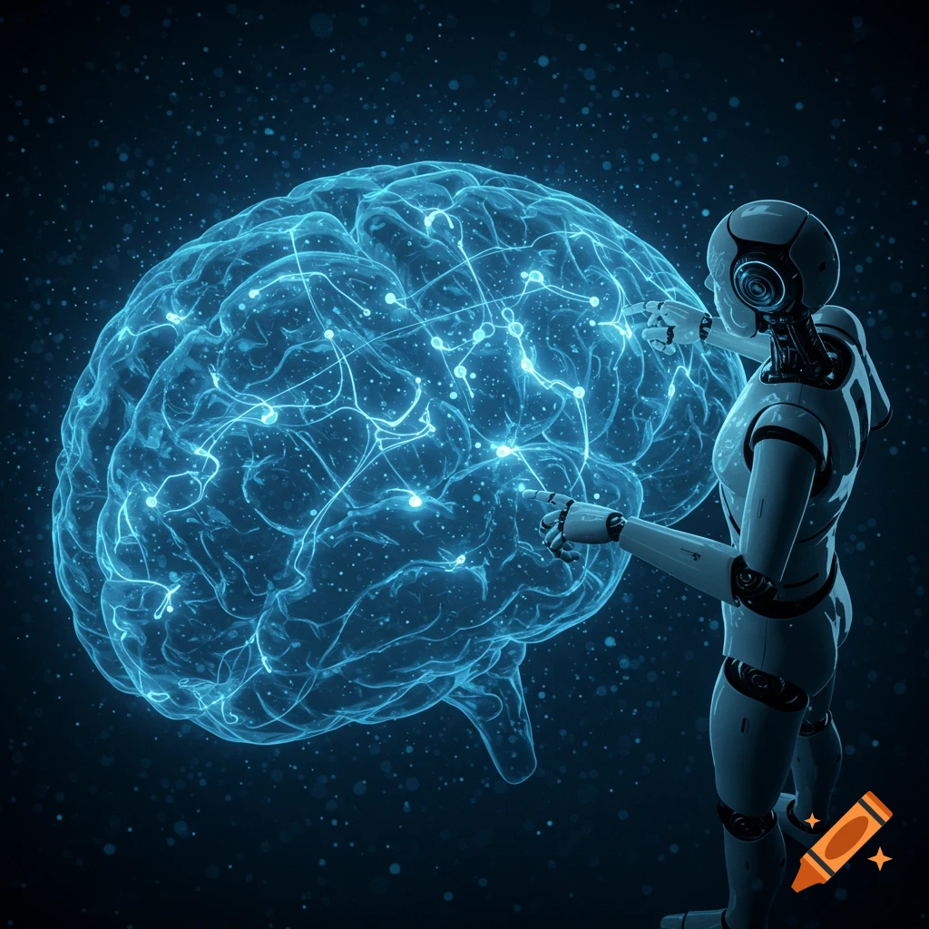 A futuristic white robot interacts with a glowing blue digital brain, surrounded by sparkling particles.