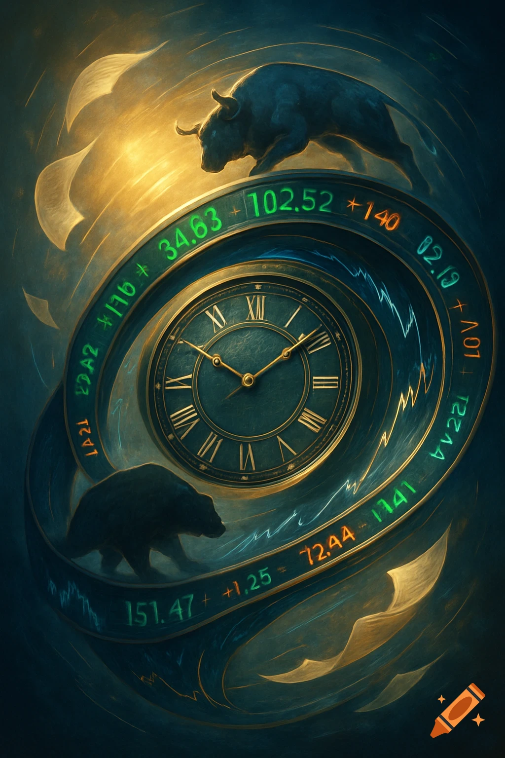 Stylized bull and bear on a spiraling clock, surrounded by glowing stock market numbers and graphs, against a dark, golden background.