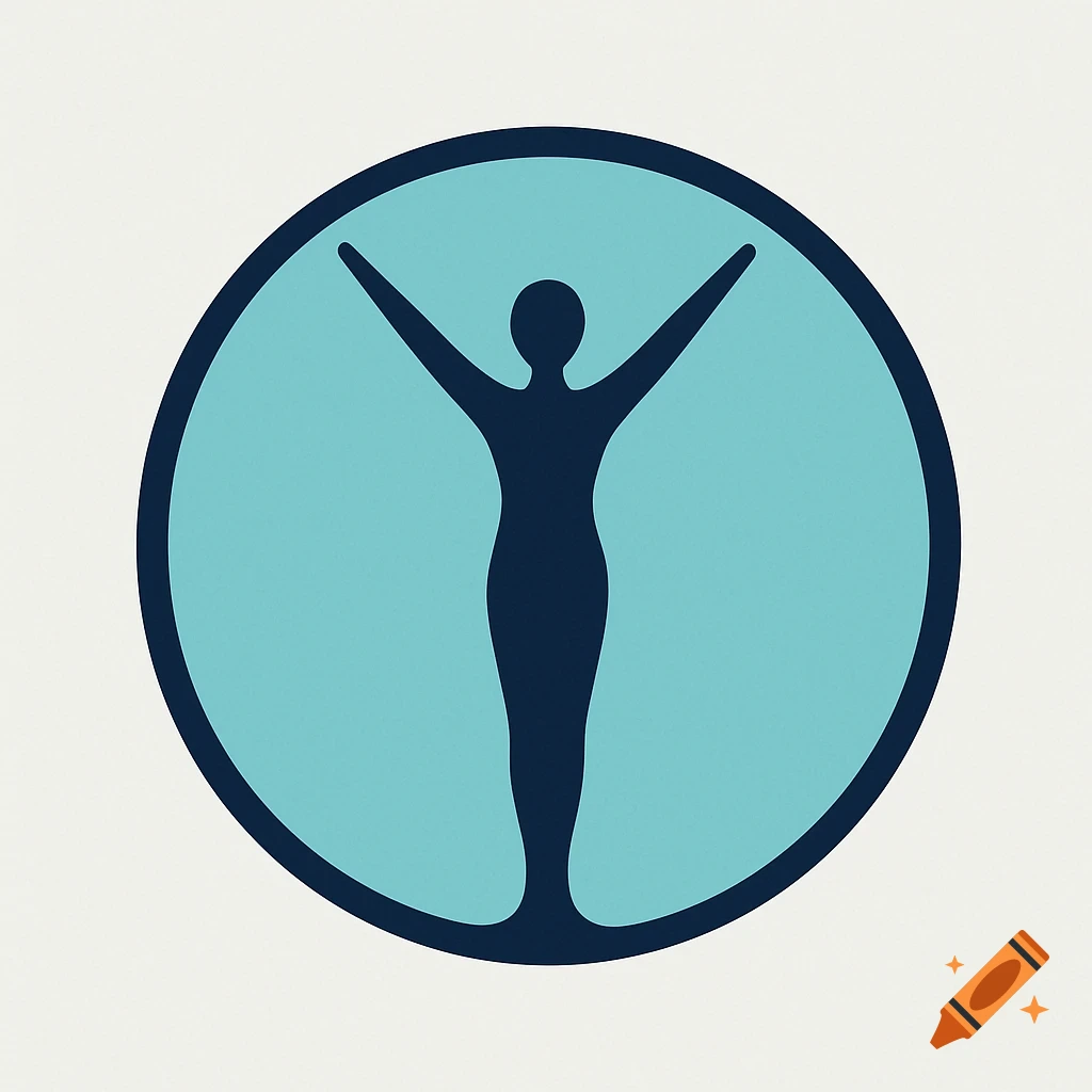 A minimalist logo with a navy blue silhouette of a person, arms raised in a Y-shape, set against an aqua blue circle with a navy border.