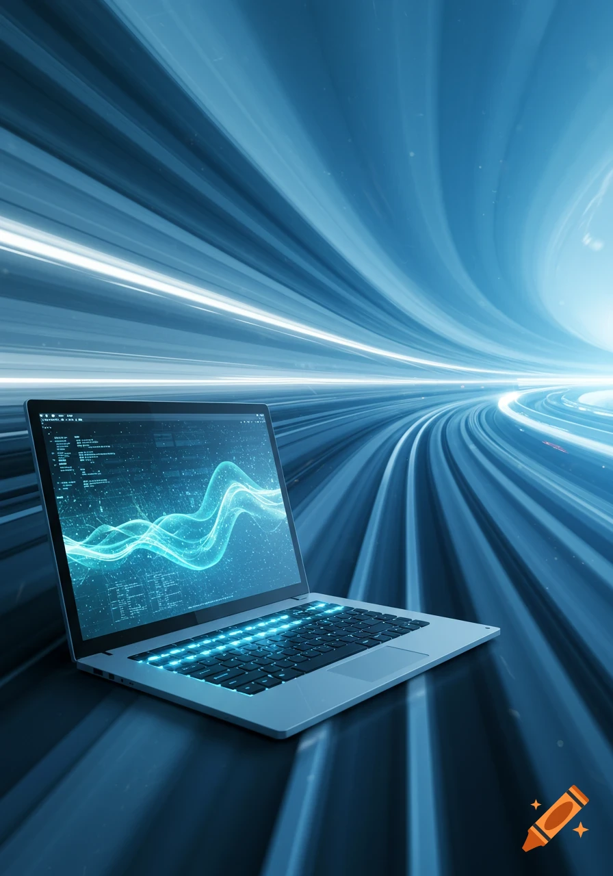 A laptop with a glowing screen displaying data waves and a backlit keyboard, set against a blue, futuristic, high-speed light tunnel.