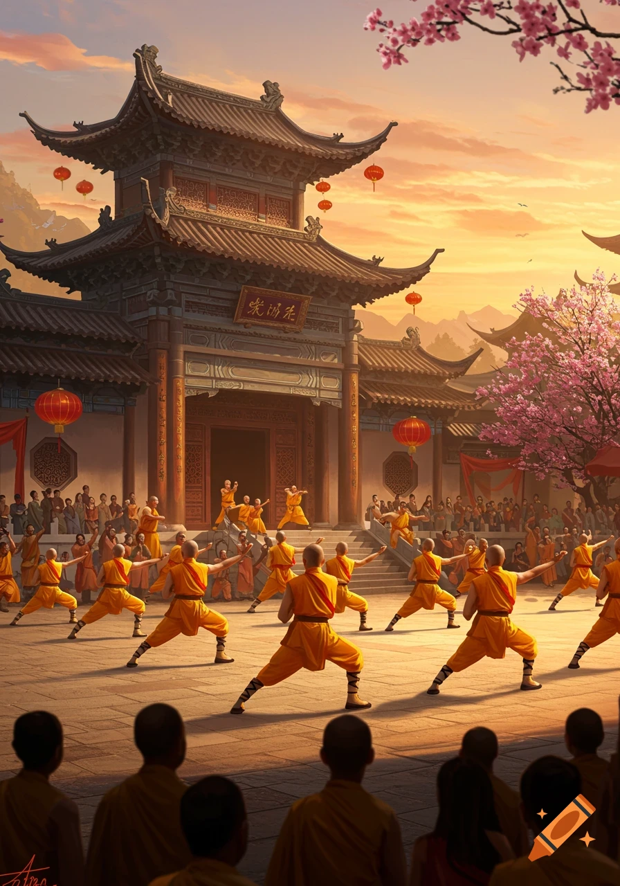 Shaolin monks in orange robes practice martial arts in a temple courtyard at sunset, with cherry blossoms and lanterns. Digital painting.