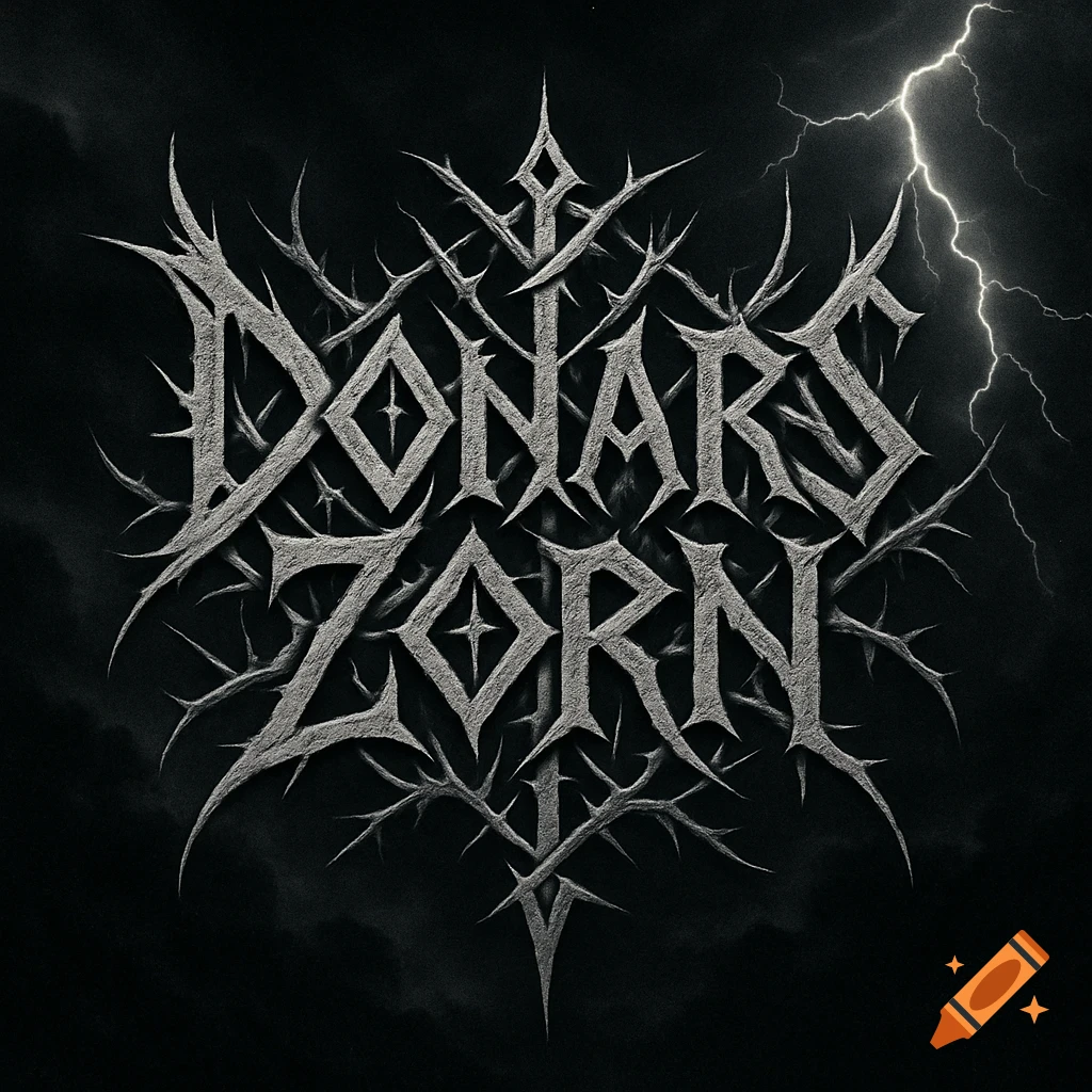 Textured gothic 'DONARS ZORN' logo with thorns and a lightning bolt on a dark background.