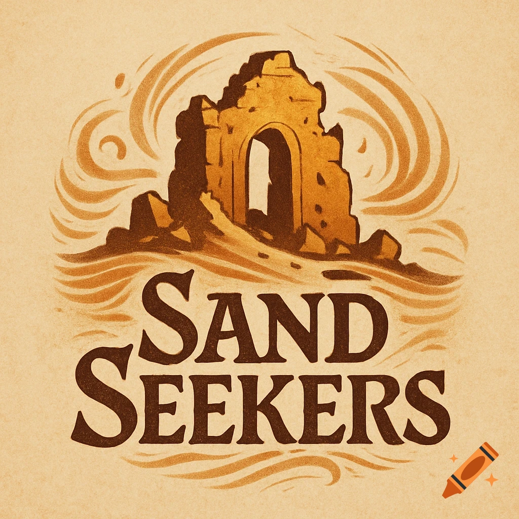 Logo for 'Sand Seekers' featuring stylized crumbling desert ruins and swirling sand in earthy tones.