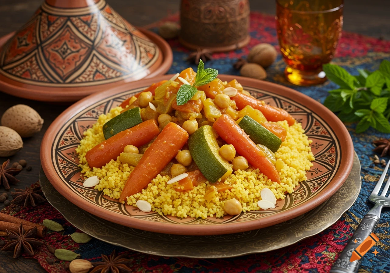 Photorealistic plate of couscous with carrots, zucchini, chickpeas, almonds, and mint, on a patterned dish with a tagine.
