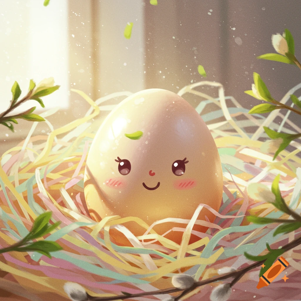 A cute, smiling cartoon egg with rosy cheeks sits in a colorful shredded paper nest surrounded by spring branches and sunlight.
