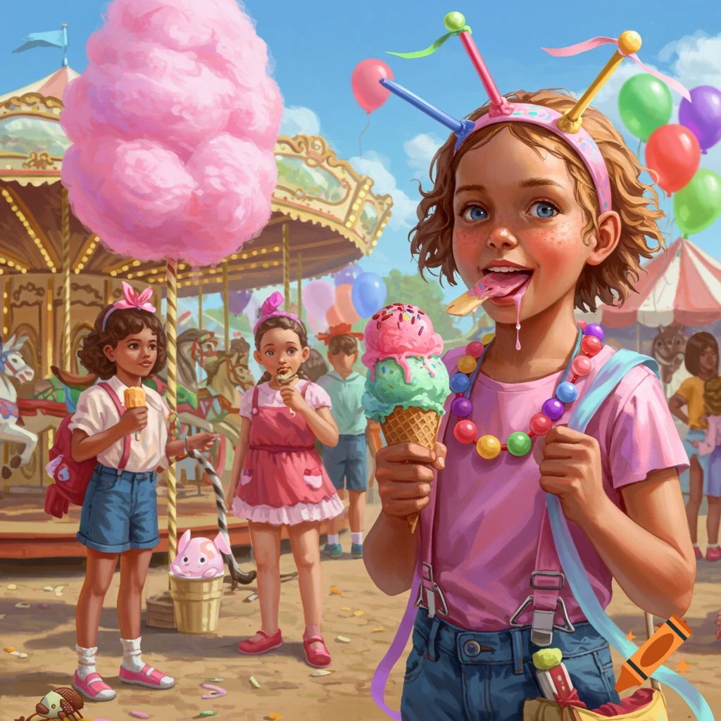 Colorful illustration of children enjoying ice cream and cotton candy at a lively carnival with a carousel.