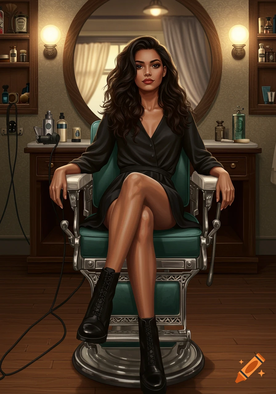 A woman with long wavy hair, wearing a black dress and boots, sits with crossed legs in a teal vintage barber chair in a barbershop.