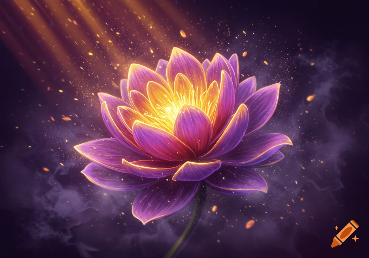 A glowing magical lotus flower with vibrant purple and gold petals, surrounded by shimmering light and particles on a dark, mystical background.