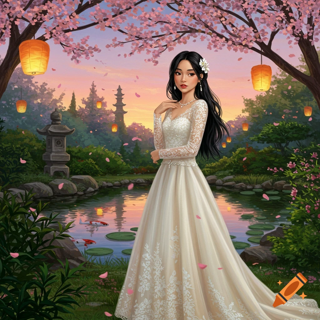 Illustration of a young Asian bride in a white wedding dress standing in a beautiful Japanese garden with cherry blossoms and lanterns.