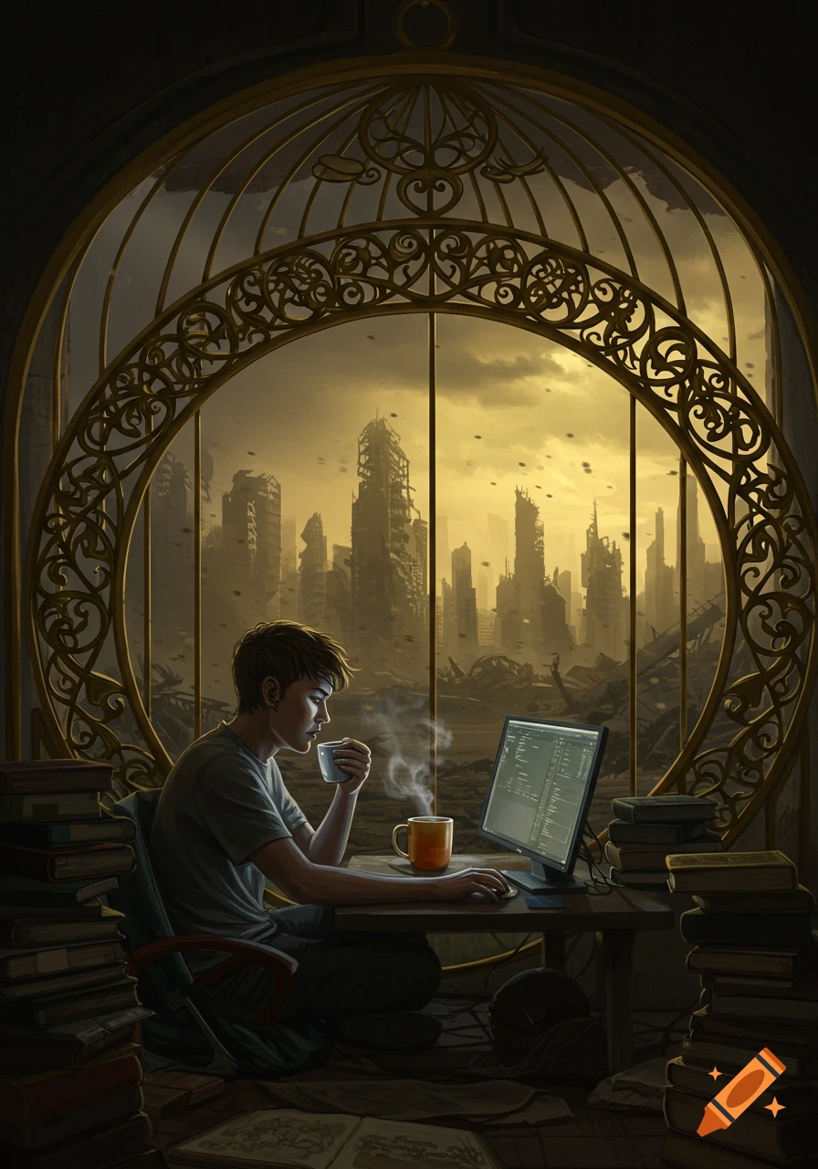 A person codes on a laptop in a golden cage, overlooking a post-apocalyptic cityscape at sunset.