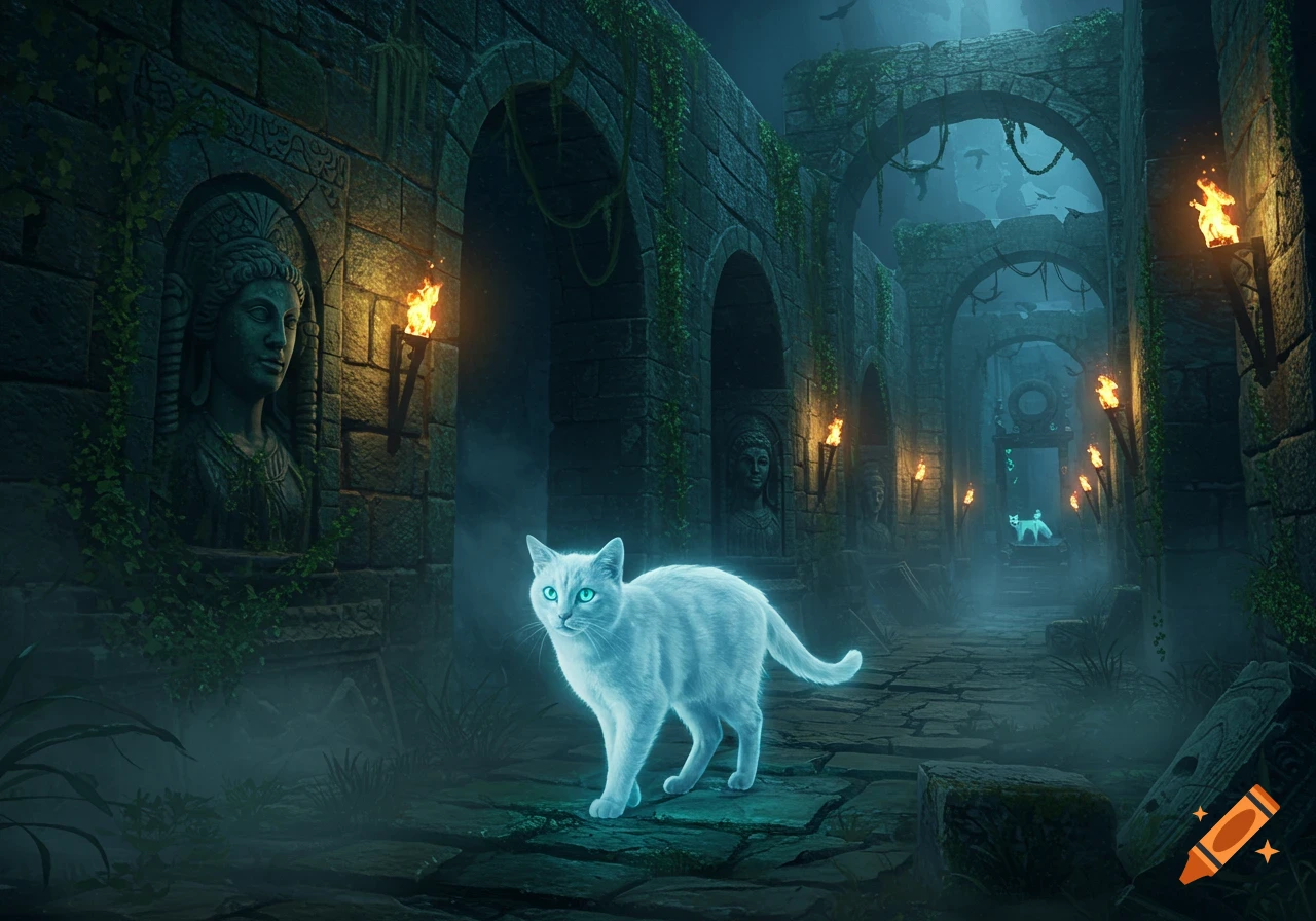A glowing white ghost cat with blue eyes walks through a misty, torch-lit ancient stone labyrinth with another ghost cat in the distance, fantasy art.