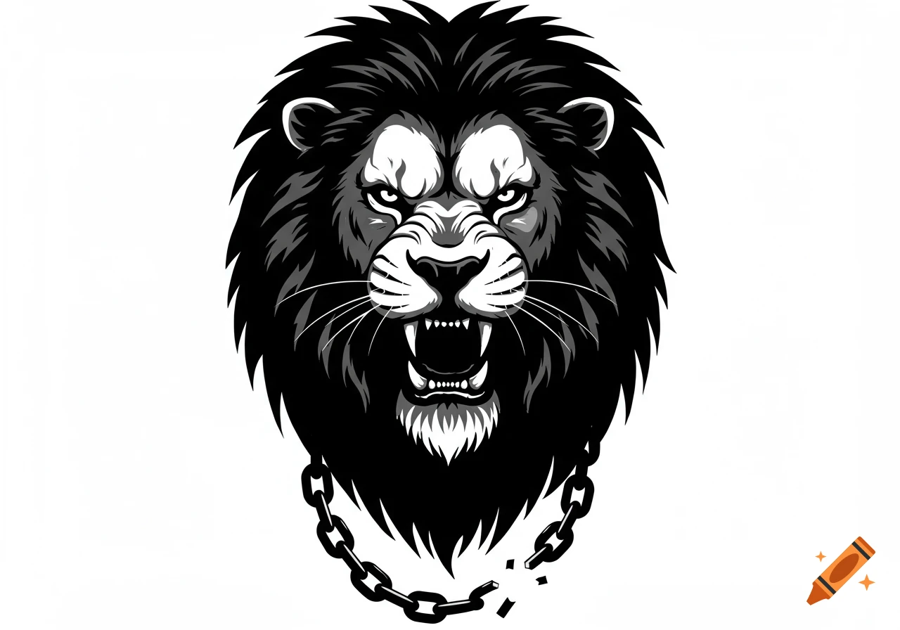 Stylized black and white illustration of an aggressive roaring lion head with a broken chain around its neck.