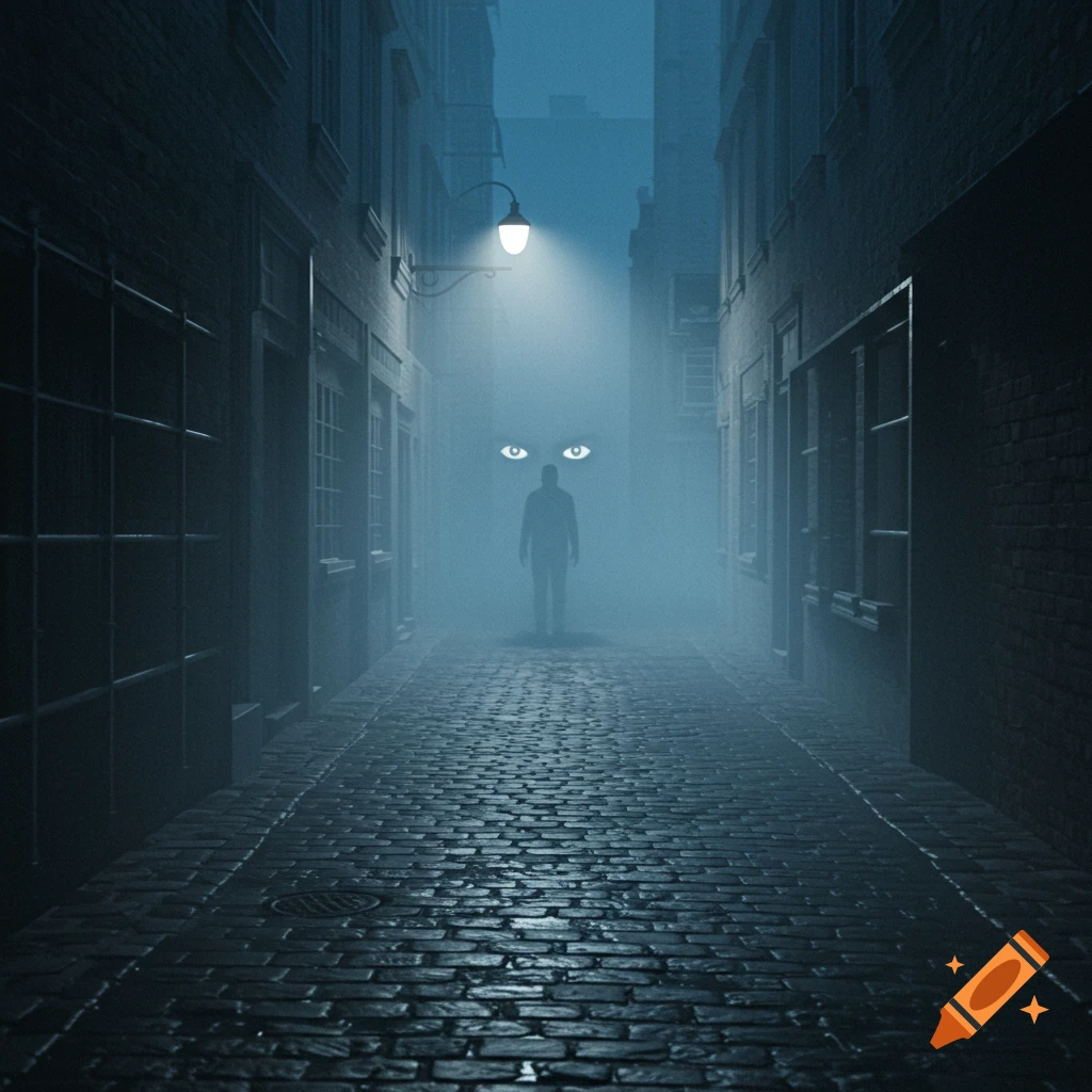 A figure stands in a dark, foggy cobblestone alley under a streetlamp, with glowing eyes in the mist.
