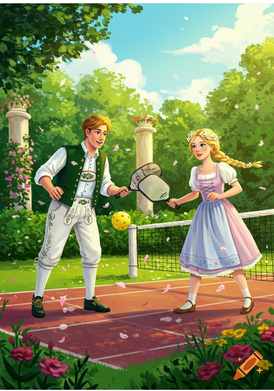 A prince in lederhosen and a princess in a dirndl play pickleball in a lush garden with falling pink petals, in an illustrative style.
