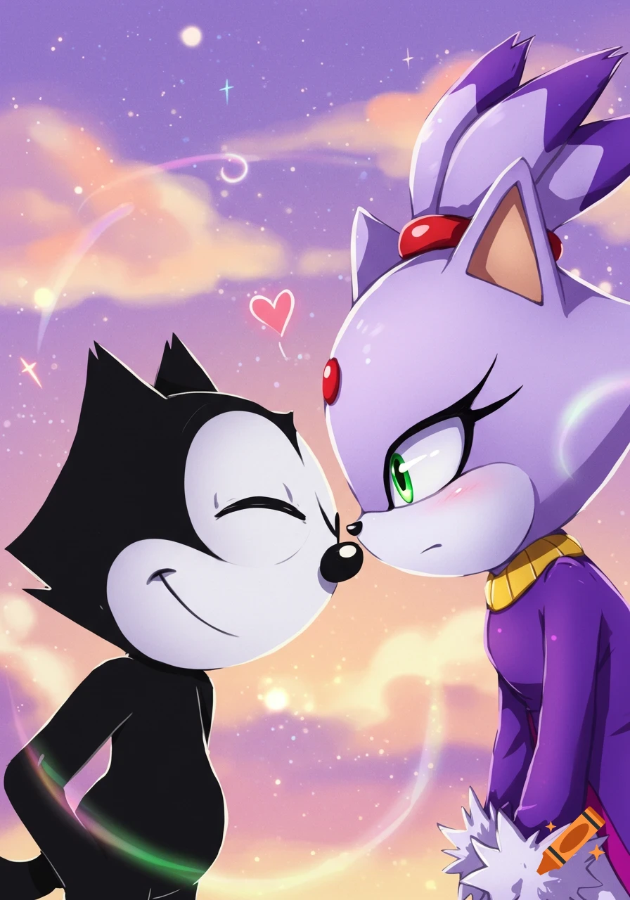 Felix the Cat and Blaze the Cat touch noses lovingly under a sparkling purple and orange sky, in an anime illustration style.