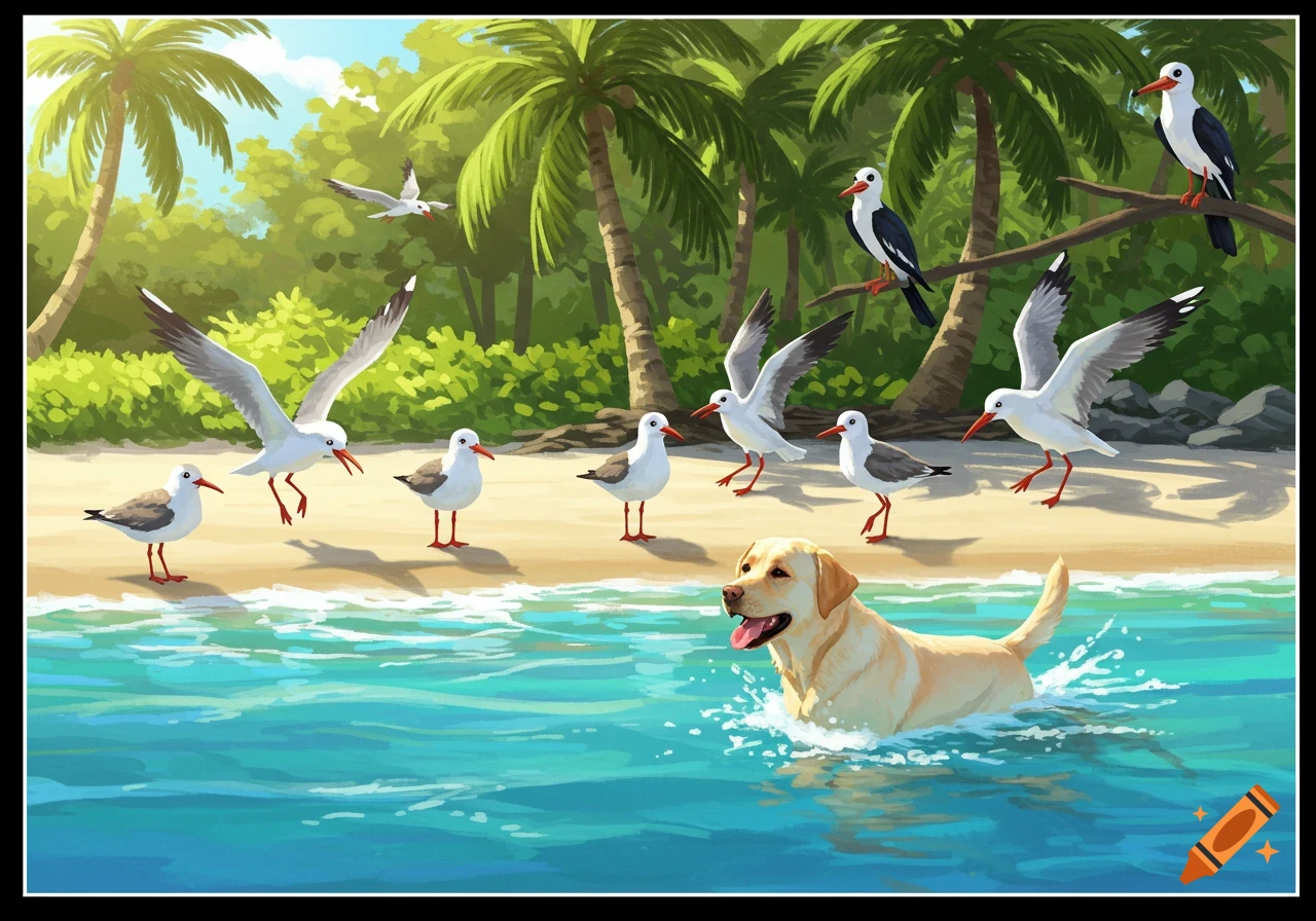 An illustrative scene of a yellow labrador swimming in blue ocean water towards a beach with seagulls, palm trees, and birds perched on branches.