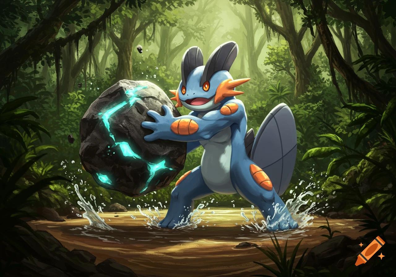 Swampert, a blue and orange Pokemon, throws a glowing rock in a lush jungle with water splashing.
