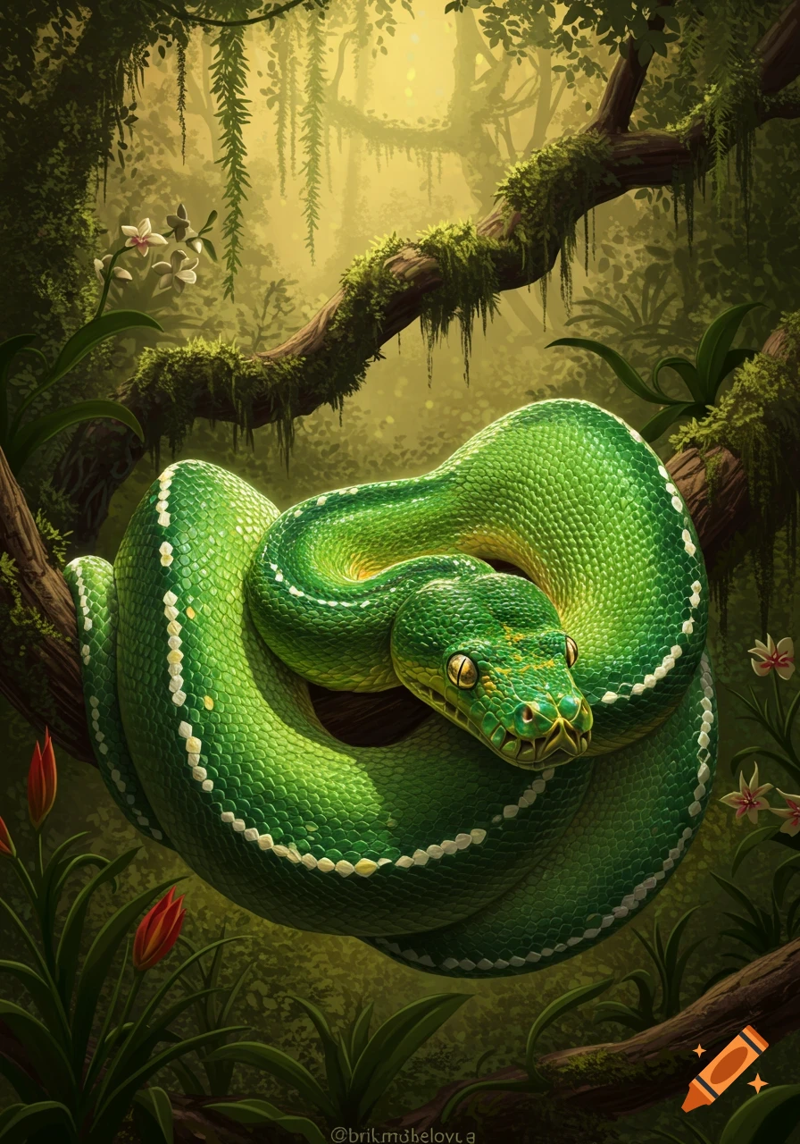 A vibrant green snake with yellow eyes coiled around a moss-covered branch in a lush, sun-dappled jungle.
