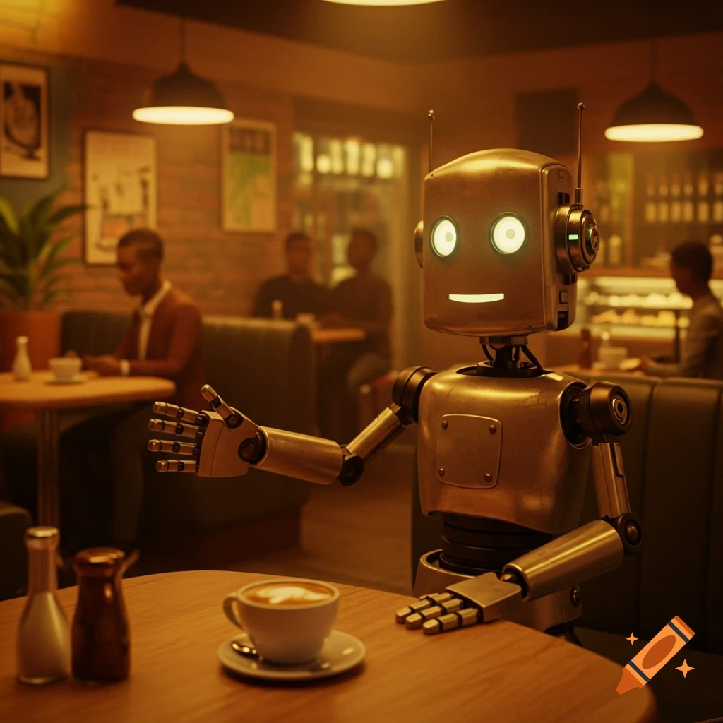 A humanoid robot sits at a table in a warm coffee shop, its hand extended towards a cup of latte.