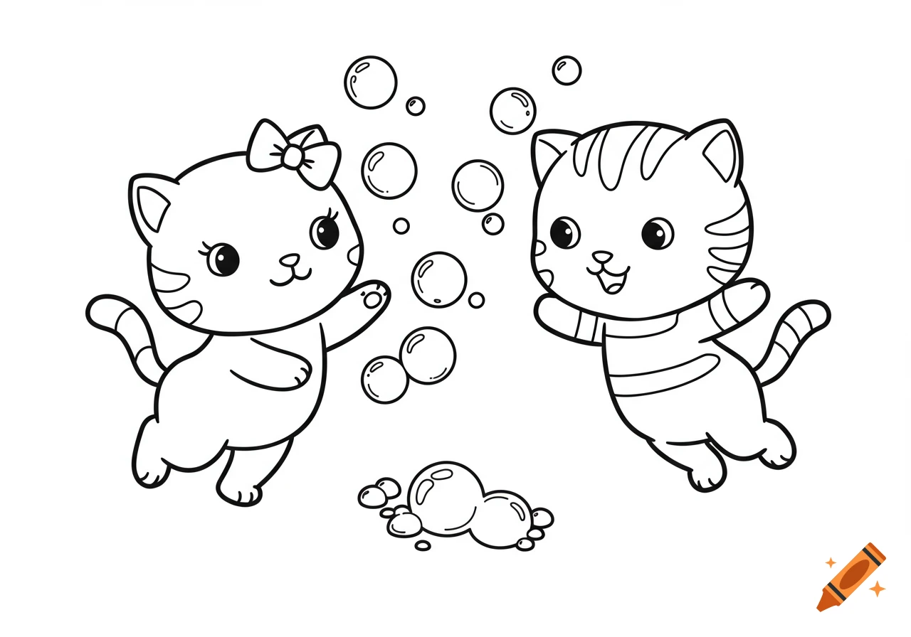 Two cute cartoon kittens, one with a bow and one with stripes, playing with soap bubbles, in a black and white coloring book style.