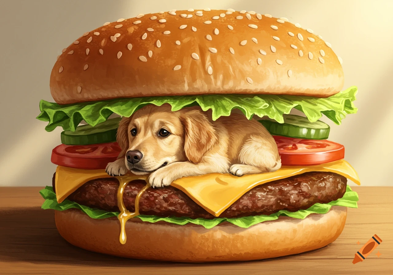 Illustration of a golden retriever puppy lying inside a hamburger with cheese, lettuce, and tomato.