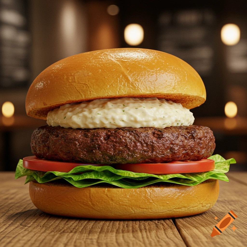 Photorealistic close-up of a delicious burger with a thick patty, lettuce, tomato, creamy white sauce, and a golden bun on a wooden table.